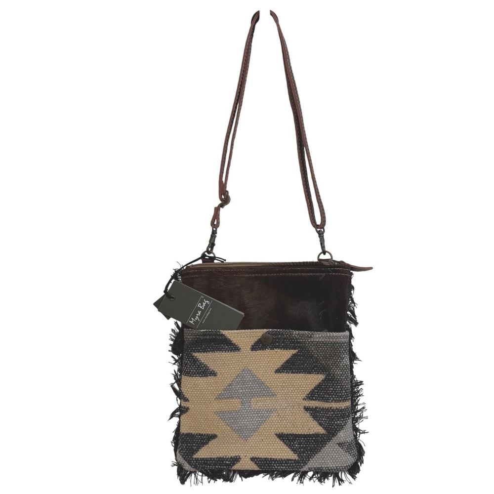 Myra Bag Cowhide Canvas Southwestern Crossbody Bag Fringe Upcycled Geometric NWT